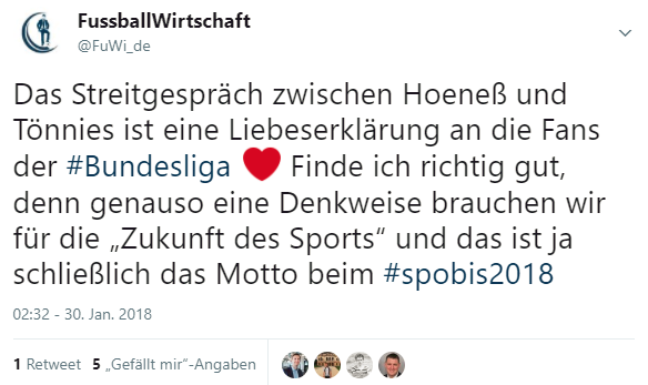Tweet zur Fan-Orientierung von Uli Hoeneß beim SPOBIS 2018